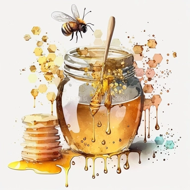 whimsical watercolour bee hive, bees, glass jar of honey, honey spoon, honey drips clip art