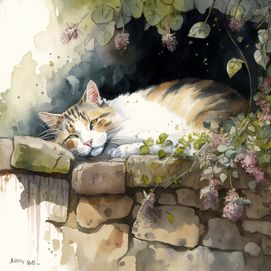 A cat napping on an ancient stone wall, surrounded by climbing ivy and blooming flowers, watercolor by Mary Whyte, clipart, solid background.--q 2 niji 5