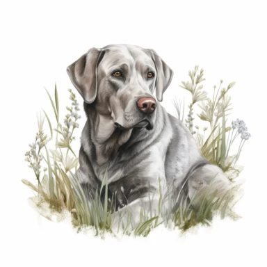 Hand drawn silver Labrador, in the grass, very detailed and realistic, watercolor, white background with margins, clipart style