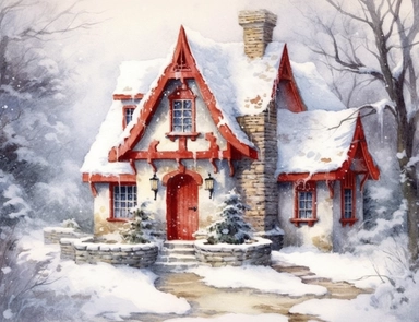 stunning red fairytale Christmas cottage in snow , beautiful Christmas clipart, soft faded colors, beautiful watercolor art by Marjolein Bastin, Thomas Kinkade, Carl Larsson, Norman Rockwell, Susan Wheeler, white background