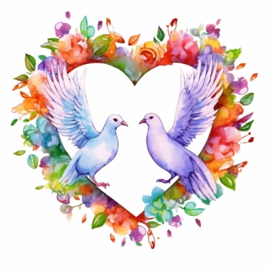 rainbow watercolor clipart of wedding doves kissing inside a floral heart wreath, colored ink illustration, good composition, vector, contour, isolated white background, 26k
