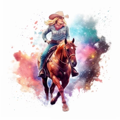 Cowgirl riding a horse illustration, nebular mix background, clipart, photorealistic illustration, watercolor, high detail, 8k polished, 8k, vibrant colors, sticker, majestic, die cut, white background