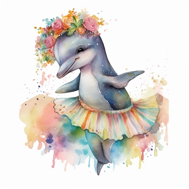 lease create watercolor clipart of a baby dolphin, smiling, full body view wearing party prop ballet skirt and tiara, colorful