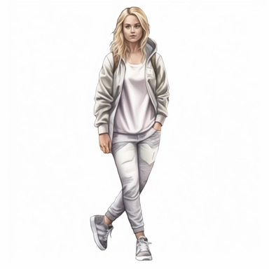 watercolor style, beautiful blonde woman wearing tracksuit, hoodie and sneakers, realistic, clipart, isolated on white background, 4K
