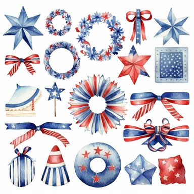 watercolor 4th of july patriotic decorations, illustrations clipart set, simple, , cartoon elements , bunting, ribbon elements, door wreaths, different variants , separate elements with a margin