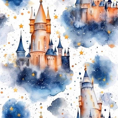 Seamless pattern, watercolor high quality, Fantasy castle clipart on galaxy background