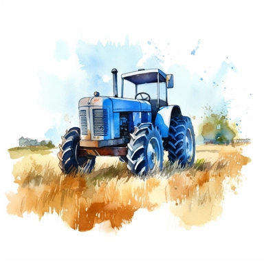 detailed watercolor blue tractor on farmland in summer clipart