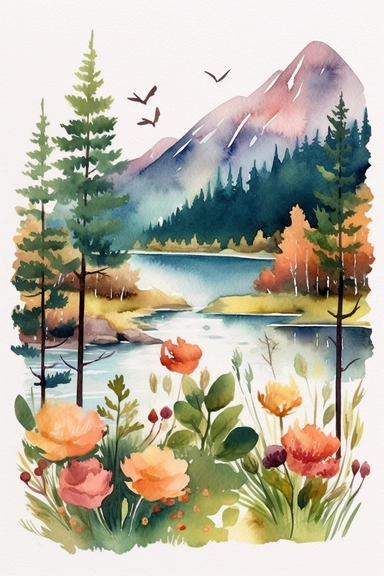 create a hand drawn watercolor Clipart of natural elements like trees, flowers, mountains, lakes, rivers, or wildlife, which can be used to enhance the overall camping scenes, 4k,