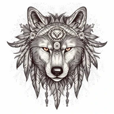 creative tattoostyle wolf clipart scribble, elaborate indian decor, white background