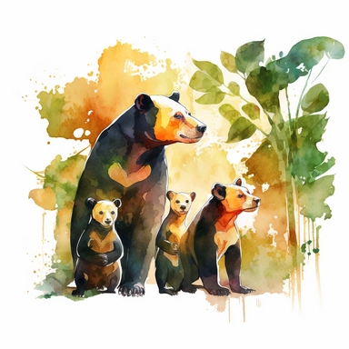 watercolor clipart a family of Sun Bears in their natural habitat Found in Southeast Asia, including parts of Thailand, Malaysia, and Indonesia, in forested habitats digital illustration, 8k, hd 1:3 v5