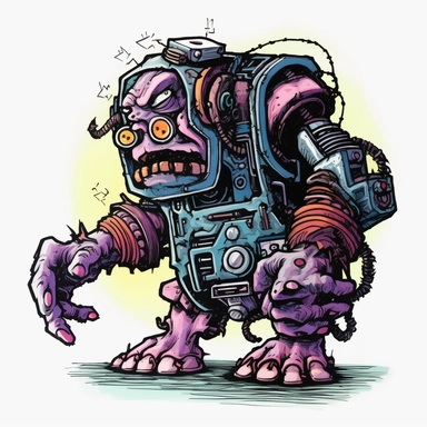 helpful bashful machine troll cyborg, dark electric aura, Basil Wolverton Josh Kirby Dave Gibbons, handpainted enamel punk zine indie retrowave, clipart illustration, solid white background