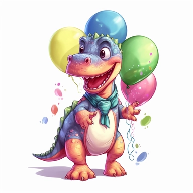 a T-Rex cartoon character holding colorful balloons for a birthday party, glamorous , Gouache, white background with margins, Clipart style
