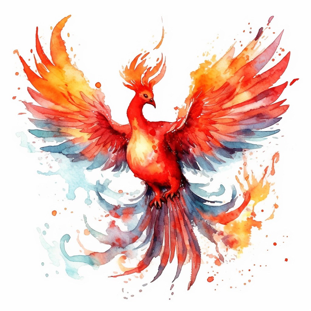 A clipart of a fiery phoenix rising from ashes, painted in watercolor ...