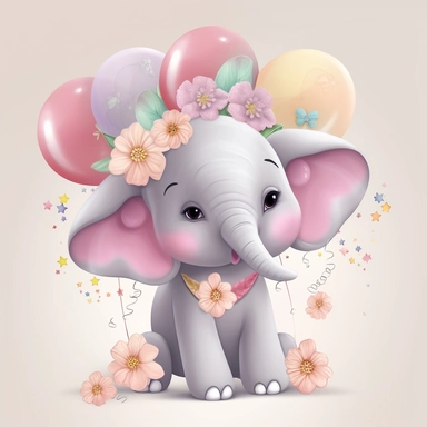 a detailed very colorful vector Clipart image sticker of a beautiful majestic magical floral smilling baby elephant and pastel pink balloons colors holding balloons with a white background, pastel light colors, fall colours, gold ropes, photorealistic, cinematic, Cinematic, Color Grading, Editorial Photography, Photography, Photoshoot, Shot on 70mm, Ultra-Wide Angle, Depth of Field, DOF, Tilt Blur, Shutter Speed 1/1000, F/22, Gamma, White Balance, Neon, Light, Dark, Light Mode, Dark Mode, High C