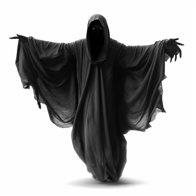 DEATH APPARENT IN BLACK CLOTHES WITHOUT A FACE FLYING SCARY CLIPART ON A WHITE BACKGROUND