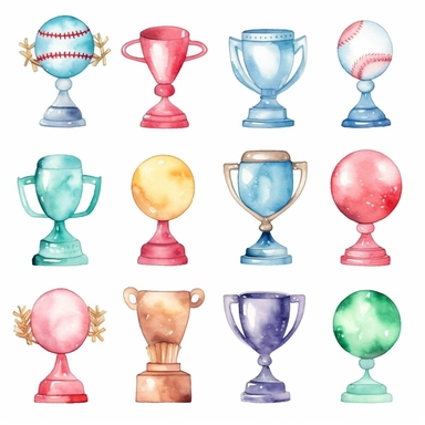 Watercolor cute little baseball trophy related items , illustrations clipart set, simple, christmas colors , cartoon elements ,different variants , championship cupseparate elements with a margin, 4k, high resolution