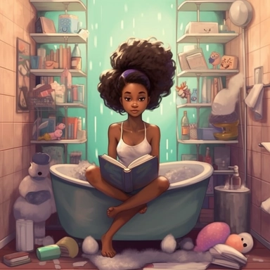 african american teenager girls stuck in a bathtub with books in the white house bathroom in the style of dr. seuss with a simple pastel color palette clip art--ar 10:8