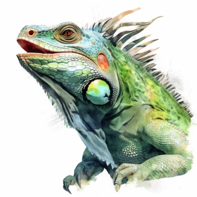 Green iguana, watercolor, sharp illustration clipart, insane detail, white background