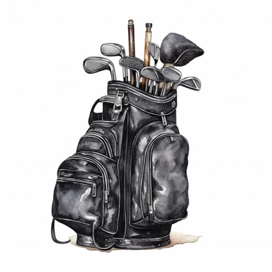 Idyllic watercolor clipart of a black golf bag and clubs, isolated on a pure white background, insane detail,