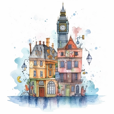 Very very cute and Whimsical quirky houses, London, Big Ben, Thames River, rainy day, Watercolored illustration in the style of Michael Powell, clipart, white background