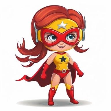 full body smiley and cute little superhero girl with eye mask in clipart style