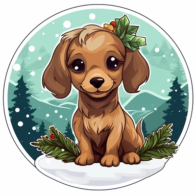 Chibi style, dark blond dachshund wearing a christmas hat, mistletoe, christmas ornaments, round winterlandscape, vector, clipart, white background, sharp lines