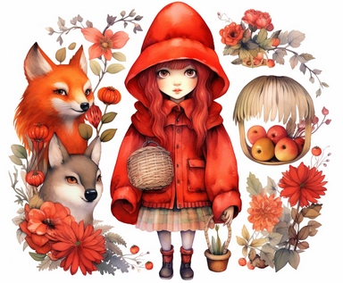 red riding hood clipart, vector art, clip art, clipart, in the style of claudia tremblay, birds & flowers, kawaii manga, realistic watercolors, dark white and light orange, eleanor fortescue-brickdale, isolated figures