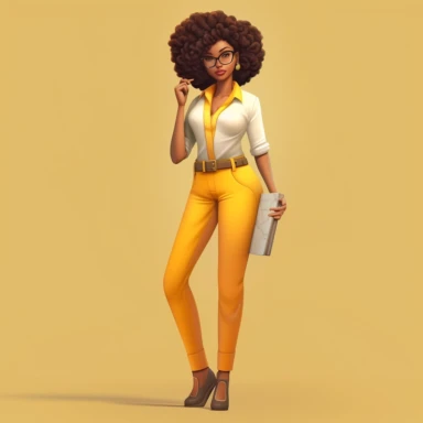 a cartoon boss lady woman with beautiful afro hair, glasses and a yellow shirt with white pants and yellow shoes, in the style of afro-american influence, realistic color palette, studio portrait, bold curves,, crisp and clean look, clipart,pixar style--ar 3