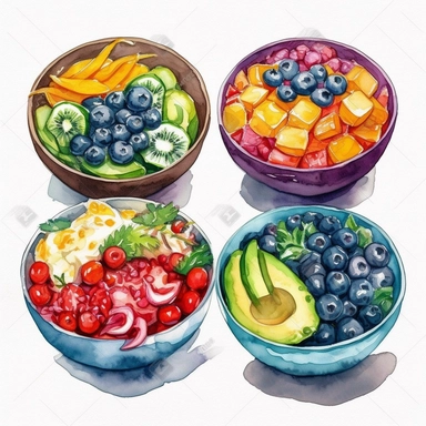 watercolor clipart of a collection of various nutritious healthy bowls, presented in a flatlay style with a top-side view on a clean white background. Each bowl should be filled with a visually appealing arrangement of nutritious ingredients, showcasing their vibrant colors and textures. Ensure that the bowls are not overlapping or interacting with each other, maintaining a clear separation between them. Capture the details of each ingredient with delicate watercolor strokes, emphasizing their f