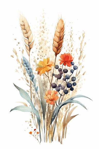 watercolor different grasses and cereal plants, solid background, clipart