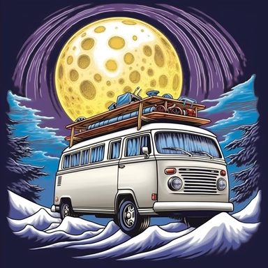 Create a mesmerizing image of a van navigating through a mystical wave, surfboards poised for action, with a magical full moon casting its luminous glow, contrasting beautifully against a white canvas, mystical, illustration style, white background, clipart, PNG pure white background, high resolution, hyper detailed, best quality, high detailed illustration