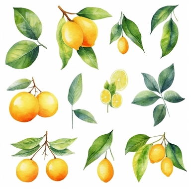 9 vibrant watercolor citrus leaves individual elements clipart, in the style of spectacular backdrops, playful whimsicality, playful motifs, colorful whimsy, clipping art