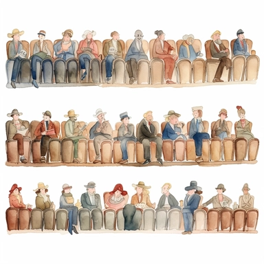 watercolor 1910s 1920s 1930s 1940s theatre spectator rows, illustrations clipart set, simple, , cartoon elements ,different variants ,shows,separate elements with a margin