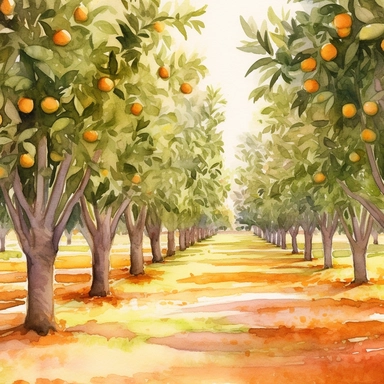 Citrus Grove: Create a watercolor clipart of an expansive orange grove, capturing the rows of trees and the play of light and shadow. Incorporate warm earthy tones and a sense of depth to bring the scene to life.