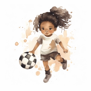 soccer tights watercolor childish sweet cute girl with dark skin clipart football neutral color creme beige with white background--upbeta