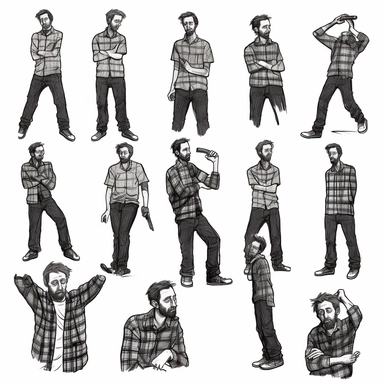 Man in flannel in various poses, dominant, black line drawing, sticker, clipart