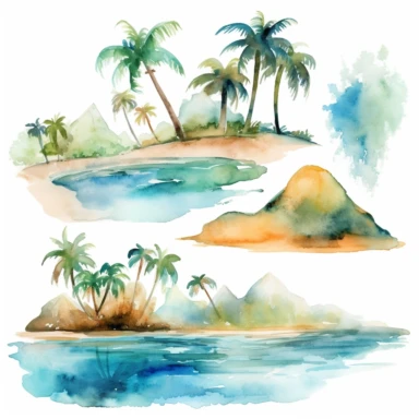 Tropical island beach clipart set isolated on white, watercolor, - - no photograph