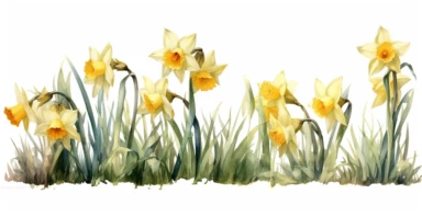 watercolor Fine Art flower row of narcissus watercolor, yellow color style, clipart, antique, magical, 16k, fantastic realism, enchanting athmosphere, white transparent background