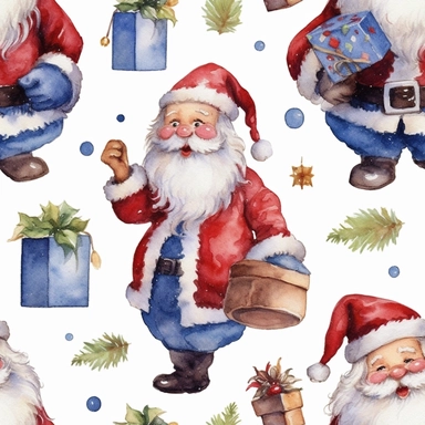 seamless, detailed watercolor, 1 christmas cute santa clipart, 5 fingers, hd, 4k, ultra quality, high quality,