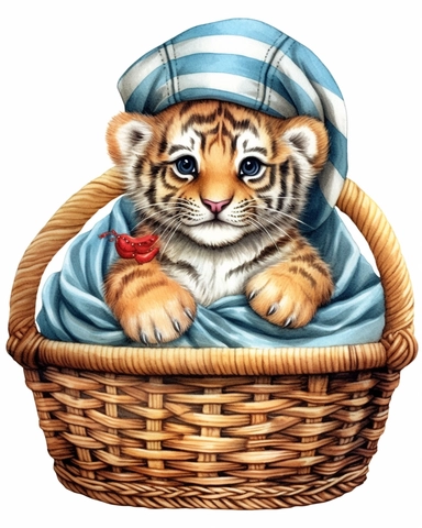 detailed watercolor Baby tiger on a basket with cap , hyper realistic, isolated on a white background, clipart