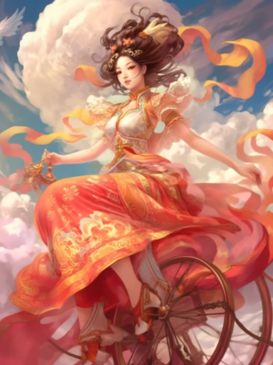 cloud riding chinese woman clipart, in the style of light crimson and yellow, dreamlike illustration, animecore, elaborate costumes, made of all of the above, light-filled, solarizing master