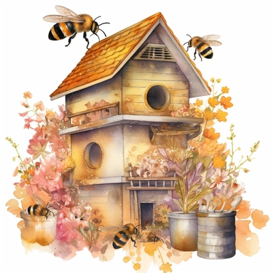 Watercolor Honey Bee home Clipart, spring garden bee, beehive clip art