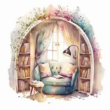 watercolor reading nook, soft colors romantic setting, academia clipart, solid white background, highly detailed, hd, 8k