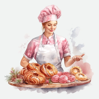 watercolor, illustration style, no background, white margins, 8k, ultra detailed clipart, a pastry chef with light pink accents, expertly creating beautiful and tasty baked goods
