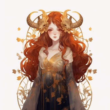 a girl with red flowing hair and ram horns, delicate shades of red orange and gold, watercolor clipart, white backound, no backound, glowing,Takehisa Yumeji