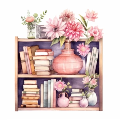 watercolor style, a bookshelf with multiple books, flowers and other decorations on it, realistic, delicate shades, clipart, isolated on white background, 4K