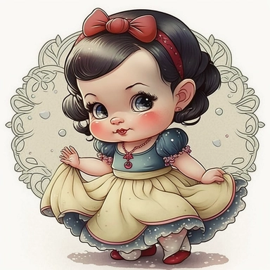 Disney princess baby 1 year old snow white chibi style happy little eyes kawaii style sharp and detailed sharp and detailed mouth with smile delicate rounded face crisp and detailed dress hands behind feet hand drawn chibi style painted like watercolor on paper vivid colors 32k clip art