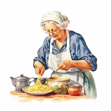 highly detailed and realistic watercolor country rustic vintage italian grandmother cooking pasta in the kitchen, clipart, white background