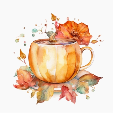Watercolor Pumpkin Tea Clipart, autumn and fall holiday tea cup, cartoon, super cute, watercolor, on white background