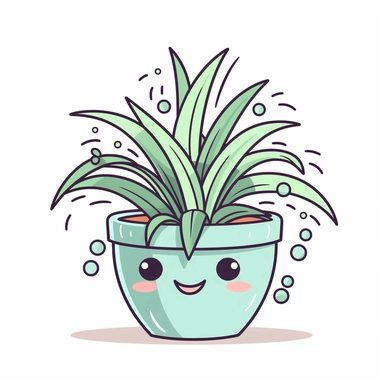 cute clipart icon of spider plant, Chlorophytum comosum, green and white leaves, smiling face inside the pot, kawaii, anime style, in white background, soft color blending, rounded